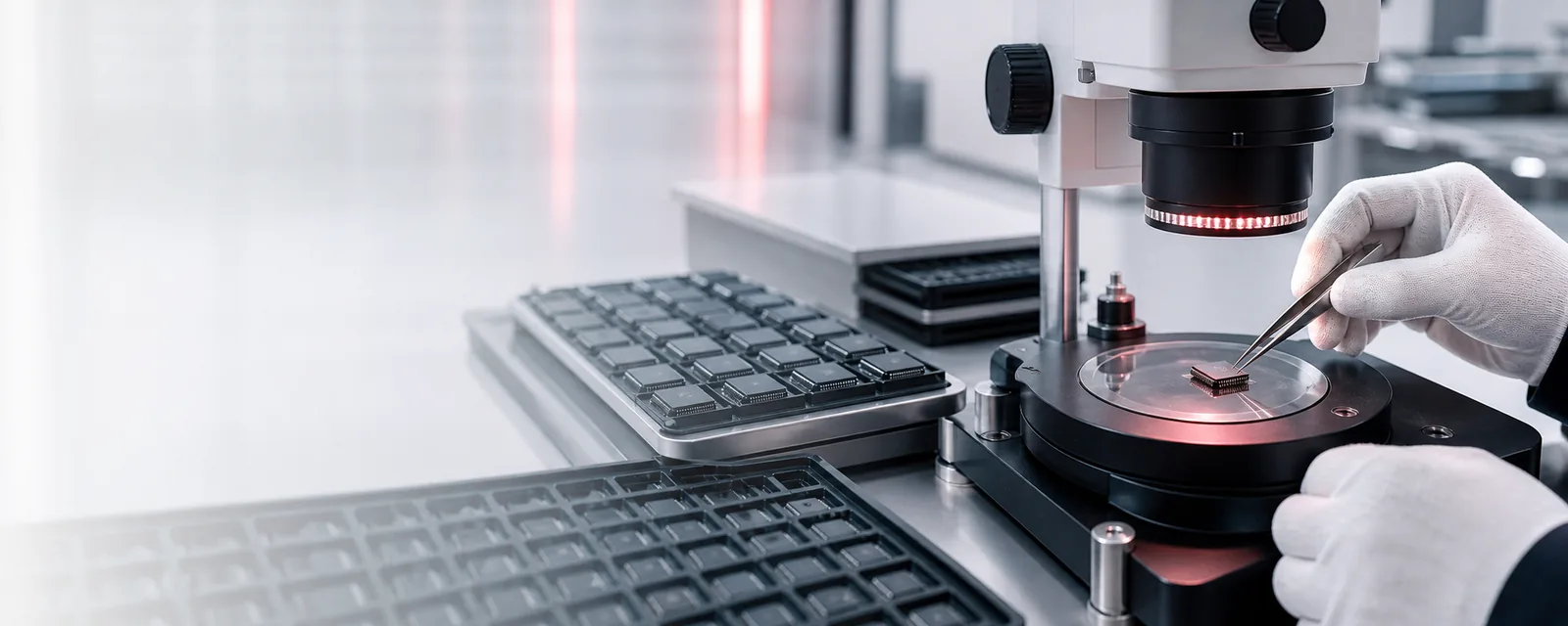 Electronic components being examined at a precision optical inspection station