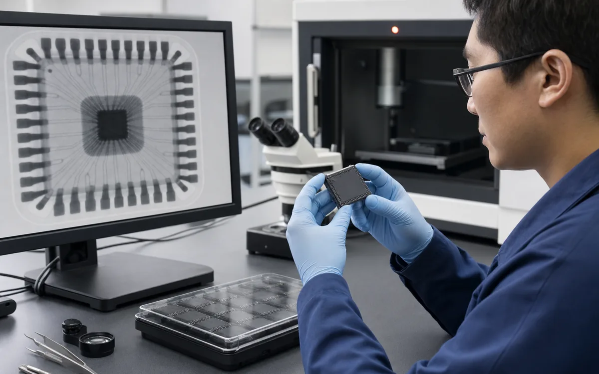 Engineer comparing an integrated circuit with a magnified internal package image