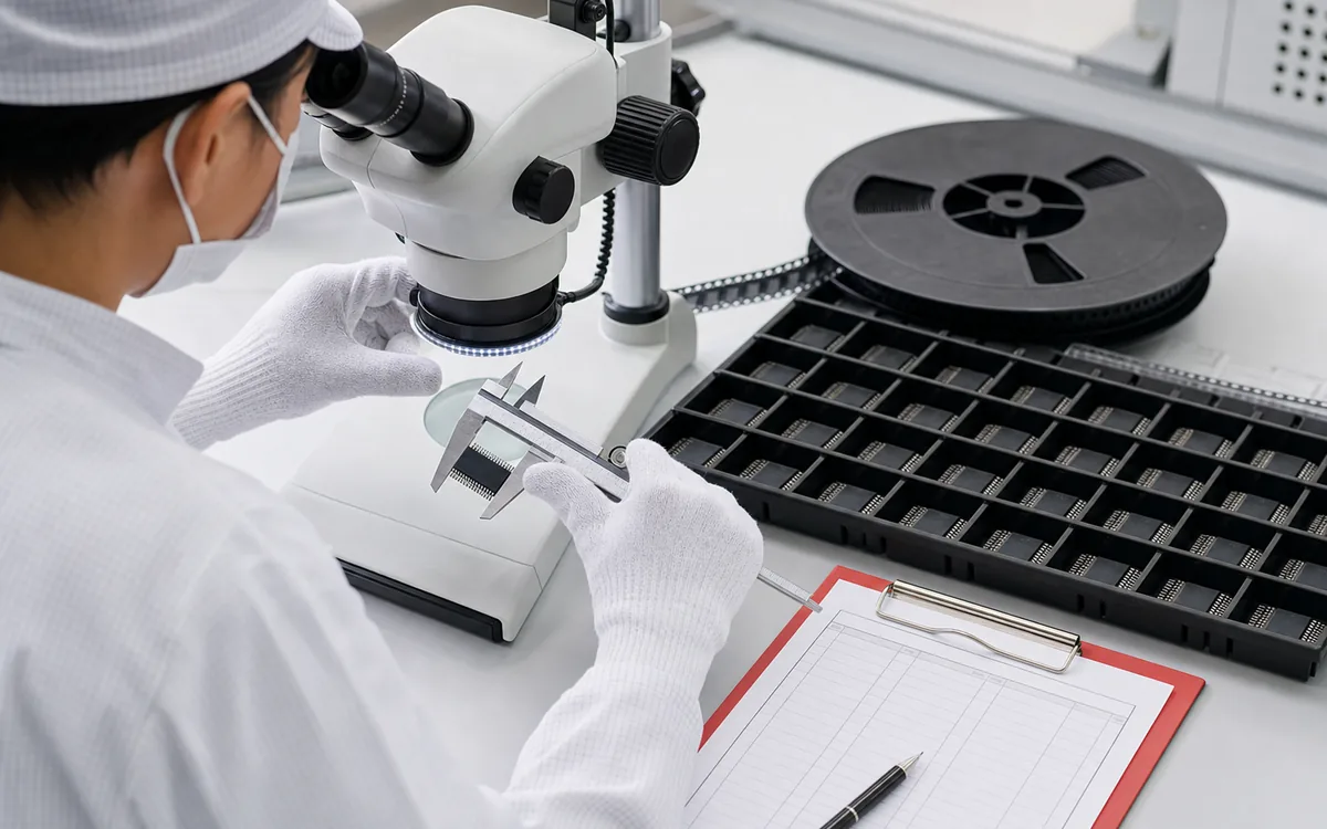 Technician checking an integrated circuit with a microscope and precision callipers
