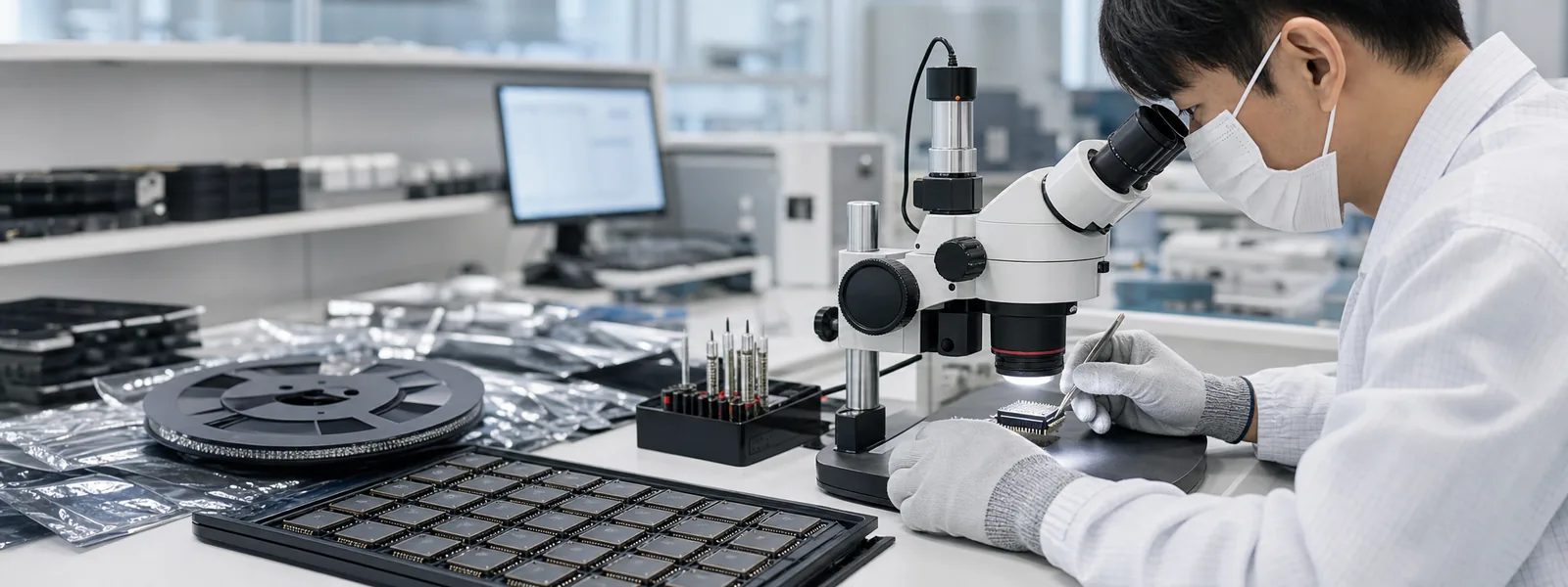 Quality technician inspecting integrated circuits under a precision microscope