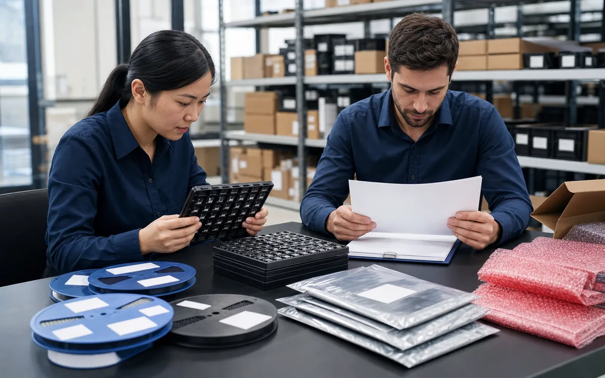 Quality and sourcing specialists reviewing component packaging and supplier records