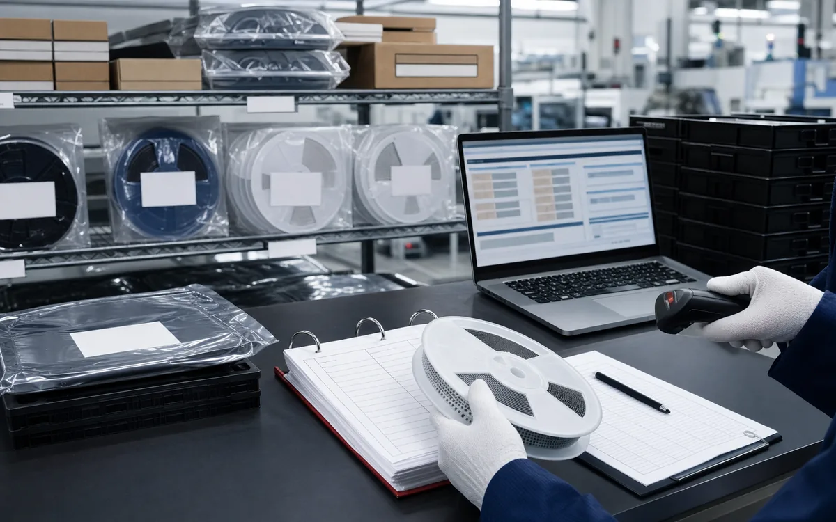 Component reels and moisture-barrier packaging being linked to receiving records